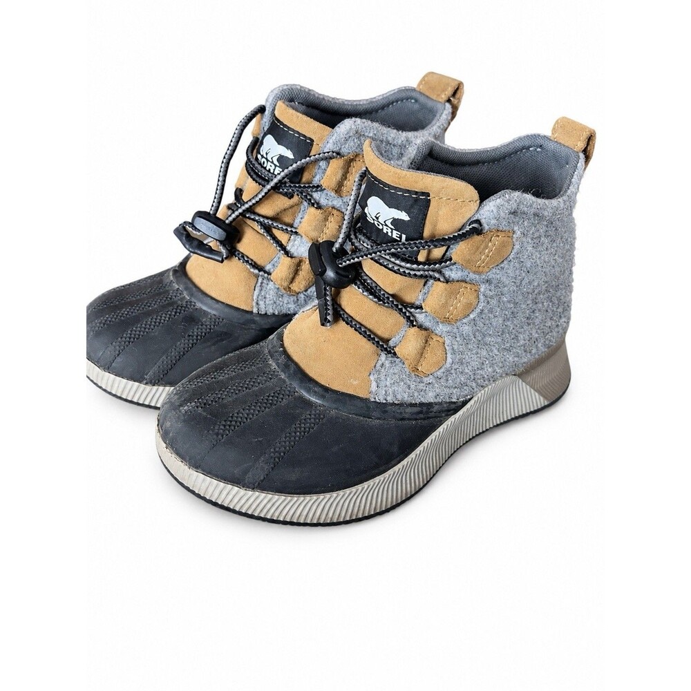 SOREL Youth Out N About III Duck Boots Size 4 Tan Gray Black Waterproof NY4563